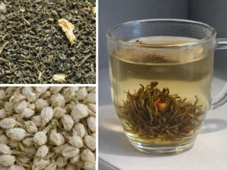 té jazmín estrés insomnio — flores de jazmín secas, té en rama y taza con infusión