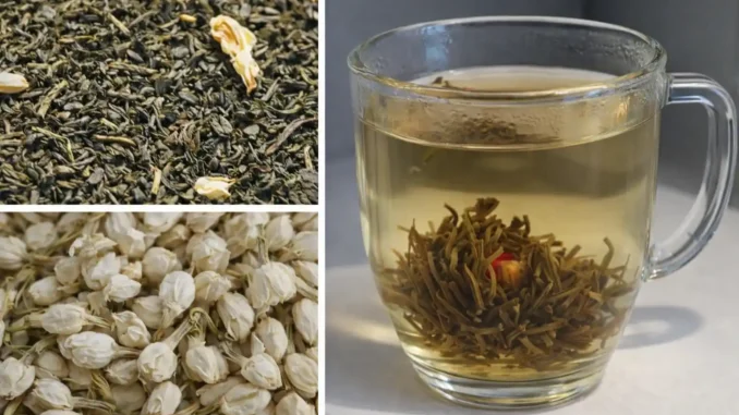 té jazmín estrés insomnio — flores de jazmín secas, té en rama y taza con infusión