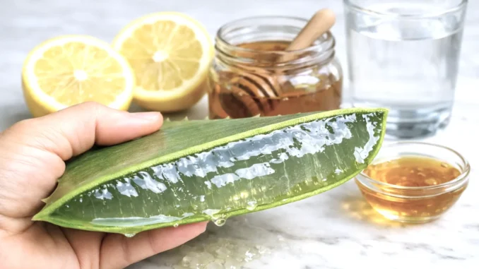 limpiar colon naturalmente remedios caseros — hoja de aloe vera abierta con gel, limón y miel