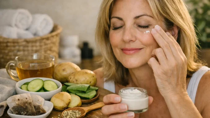 manchas oscuras ojeras remedios caseros — mujer aplicando crema bajo el ojo con aloe vera, pepino y bolsitas de té