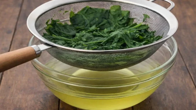 agua de espinaca con jengibre y limón colada en bowl — bebida natural para reducir el hambre y bajar de peso