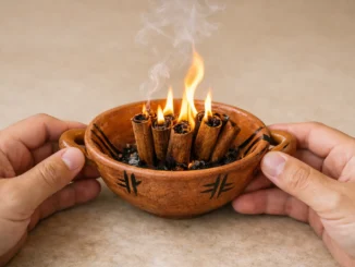 ritual canela prosperidad abundancia — ramas de canela ardiendo en cuenco de barro con manos sosteniendo