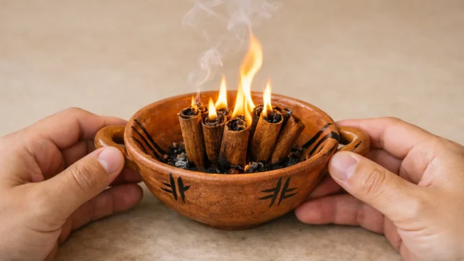 ritual canela prosperidad abundancia — ramas de canela ardiendo en cuenco de barro con manos sosteniendo