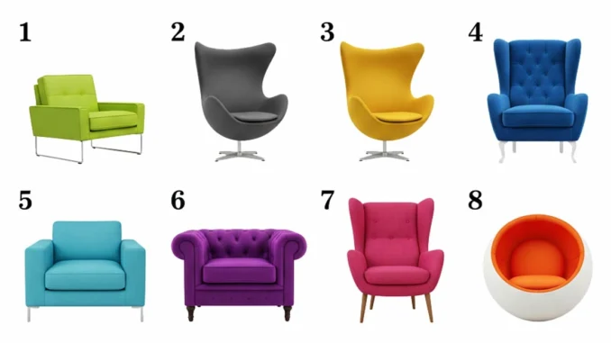 Ocho sillas de diferentes estilos para test de personalidad. Elección visual para descubrir la personalidad oculta y la posición en la vida.