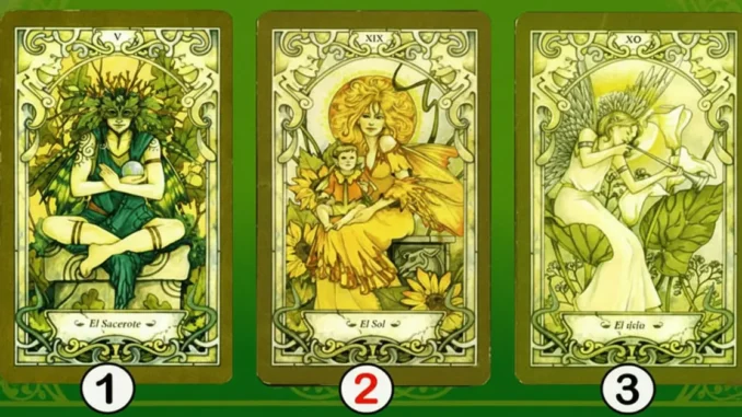 Tres Arcanos Mayores del Tarot (El Sacerdote, El Sol, El Diablo) en estilo Art Nouveau. Test de personalidad para elegir una carta y descubrir tu fuerza secreta.