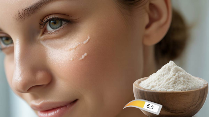 Primer plano de una mujer con piel radiante junto a un cuenco de harina de arroz y un indicador de pH 5.5. Ilustra la alternativa segura y con pH balanceado al uso de bicarbonato para el cuidado facial.