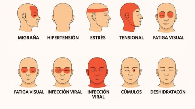Infografía de las zonas de dolor de cabeza: migraña, tensión, ATM, hipertensión y sinusitis