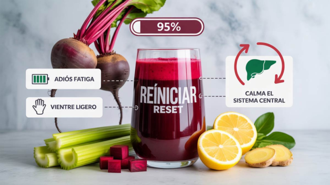 Batido de remolacha y jengibre en un vaso con un ícono de 'RESET' y un diagrama de hígado en rotación, que simboliza el apoyo a la función hepática y la eliminación de pesadez y fatiga crónica.