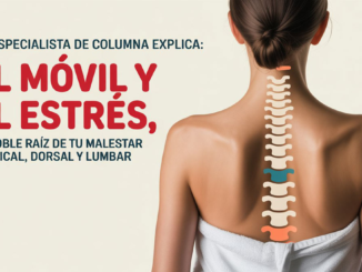 Espalda humana con segmentación vertebral cervical, dorsal y lumbar, señalando sus principales causas de dolor como estrés, móvil, ansiedad, sobrepeso y problemas orgánicos.