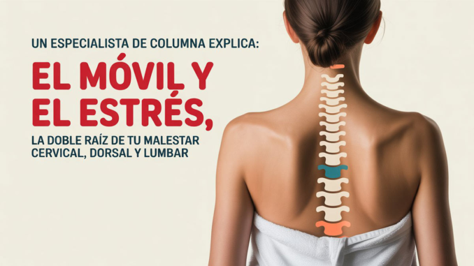 Espalda humana con segmentación vertebral cervical, dorsal y lumbar, señalando sus principales causas de dolor como estrés, móvil, ansiedad, sobrepeso y problemas orgánicos.