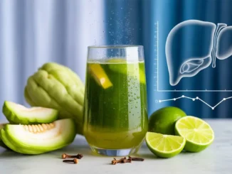 Jugo de chayote, limón y clavo, superpuesto con diagramas científicos de un hígado sano y una curva de glucosa estable, ilustrando el soporte metabólico y la función antiinflamatoria.