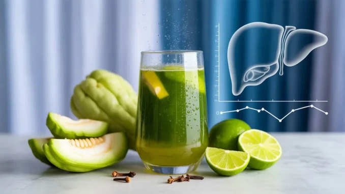 Jugo de chayote, limón y clavo, superpuesto con diagramas científicos de un hígado sano y una curva de glucosa estable, ilustrando el soporte metabólico y la función antiinflamatoria.