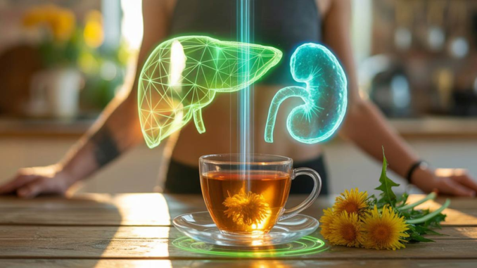 Infografía que muestra los 6 beneficios del té de Diente de León para reducir la hinchazón, limpiar el hígado y los riñones, y mejorar la digestión.