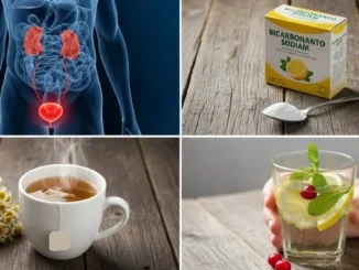 Infografía de 4 remedios naturales para la infección urinaria: agua con limón, bicarbonato de sodio, jugo de arándano y té de manzanilla.