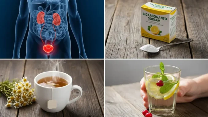 Infografía de 4 remedios naturales para la infección urinaria: agua con limón, bicarbonato de sodio, jugo de arándano y té de manzanilla.