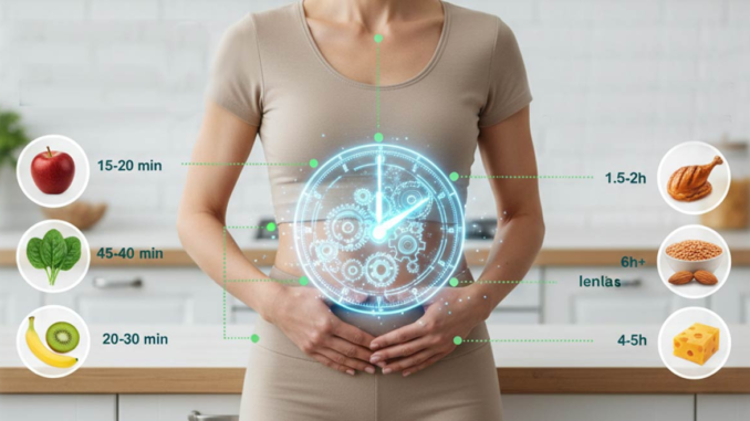 Infografía que muestra el tiempo de digestión de alimentos como pollo, huevos y frutas, ilustrando la diferencia de velocidad entre ellos
