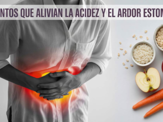 Infografía mostrando a una persona con dolor de estómago y 8 alimentos que alivian la acidez, como avena, papa, zanahoria y plátano.