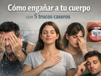 Composición de personas realizando trucos biológicos: agua fría en la cara, mano en el corazón, hielo en el paladar y parpadeo rápido.