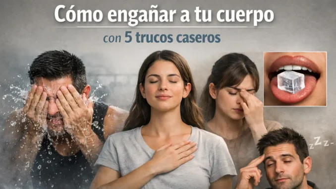 Composición de personas realizando trucos biológicos: agua fría en la cara, mano en el corazón, hielo en el paladar y parpadeo rápido.