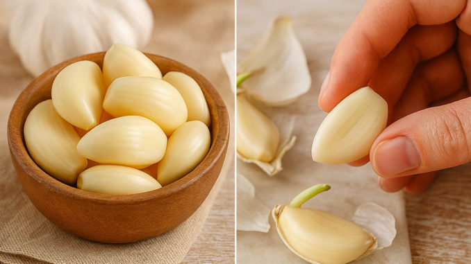 Dientes de ajo crudos y pelados, ilustrando el poder de la alicina como antibiótico y antiviral natural contra bacterias e infecciones.