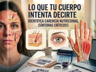 Composición técnica que muestra signos de déficit nutricional en piel, ojos y manos, junto a literatura sobre señales bioquímicas y biohacking.