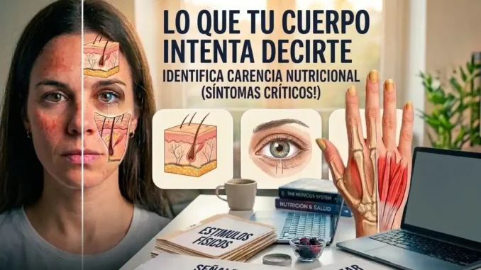 Composición técnica que muestra signos de déficit nutricional en piel, ojos y manos, junto a literatura sobre señales bioquímicas y biohacking.