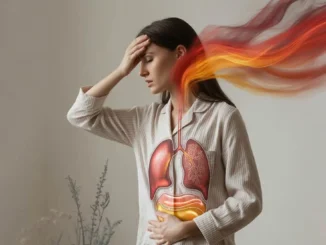 Mujer con gesto de preocupación y dolor de cabeza tocándose la frente, simbolizando la tensión de la ira y el miedo que afecta el estómago e hígado, con una taza de infusión natural en primer plano.