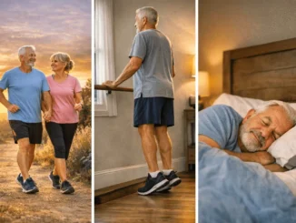 Hombre mayor realizando hábitos saludables: caminata al aire libre, elevación de talones y descanso profundo.