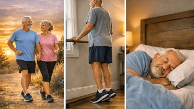 Hombre mayor realizando hábitos saludables: caminata al aire libre, elevación de talones y descanso profundo.