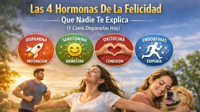 infografía de las 4 hormonas de la felicidad dopamina serotonina oxitocina y endorfinas y cómo activarlas