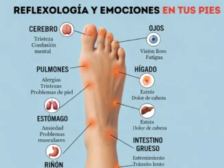Mapa de reflexología podal con zonas del pie asociadas a órganos como cerebro, hígado, riñón e intestino grueso, y emociones relacionadas