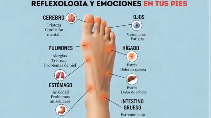 Mapa de reflexología podal con zonas del pie asociadas a órganos como cerebro, hígado, riñón e intestino grueso, y emociones relacionadas