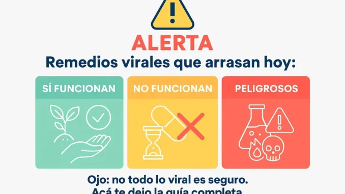 Infografía sobre remedios virales divididos en tres grupos: los que sí funcionan, los que no funcionan y los peligrosos.