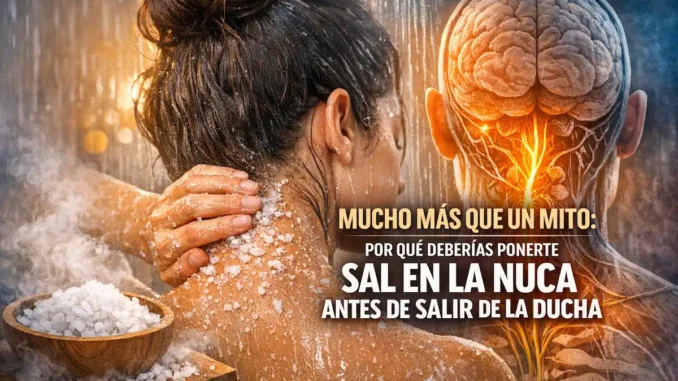 persona aplicando sal marina en la nuca bajo la ducha para relajar la tensión cervical