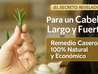 Ingredientes del tónico casero para el crecimiento del cabello: semillas de linaza, jengibre fresco y romero, junto a un frasco atomizador con el tónico y un mechón de cabello sano