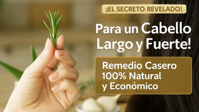 Ingredientes del tónico casero para el crecimiento del cabello: semillas de linaza, jengibre fresco y romero, junto a un frasco atomizador con el tónico y un mechón de cabello sano