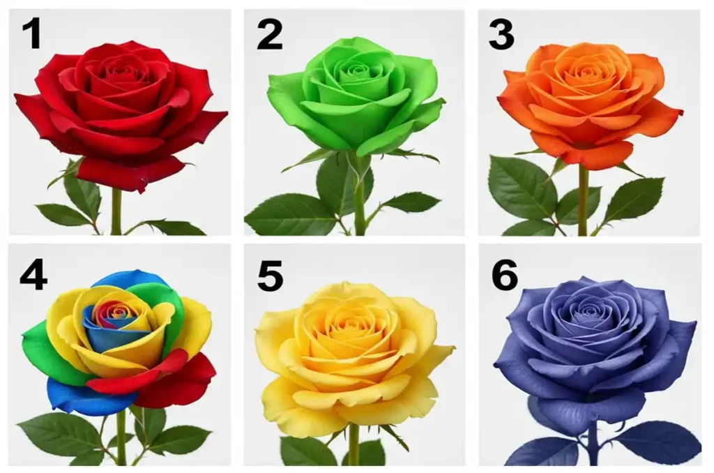 Seis rosas de colores diferentes para test de personalidad. Elección de rosa para descubrir el estado emocional.