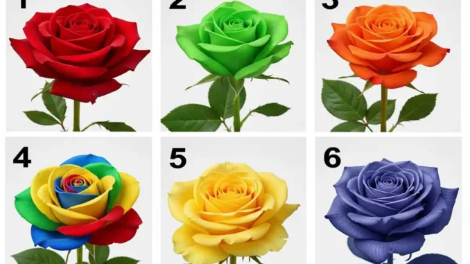 Seis rosas de colores diferentes para test de personalidad. Elección de rosa para descubrir el estado emocional.