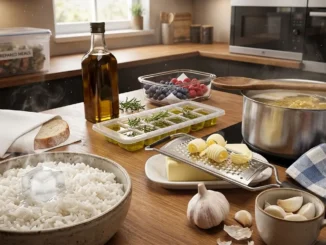 Mesa de cocina con arroz y hielo, mantequilla rallada, ajos, hierbas en aceite y una olla con cuchara de madera