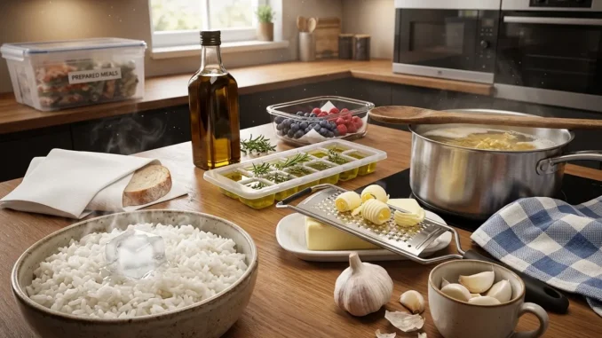 Mesa de cocina con arroz y hielo, mantequilla rallada, ajos, hierbas en aceite y una olla con cuchara de madera