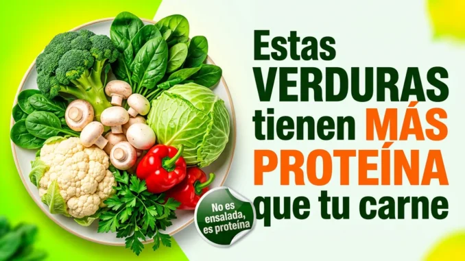 Plato con champiñones, brócoli, espinaca, coliflor y pimiento rojo, las verduras más ricas en proteína