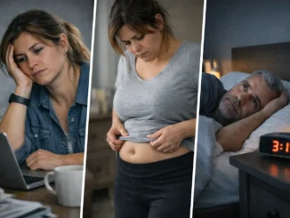 cortisol alto síntomas soluciones — mujer cansada, grasa abdominal e insomnio a las 3 AM