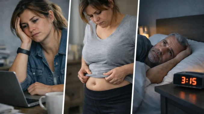 cortisol alto síntomas soluciones — mujer cansada, grasa abdominal e insomnio a las 3 AM
