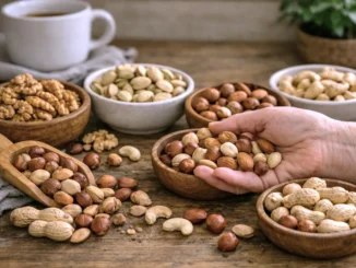 frutos secos propiedades beneficios dosis — nueces, almendras, pistachos, avellanas y cajú en cuencos de madera