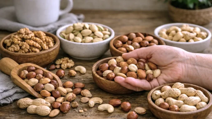 frutos secos propiedades beneficios dosis — nueces, almendras, pistachos, avellanas y cajú en cuencos de madera