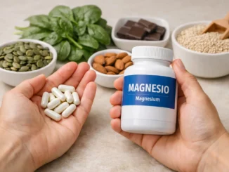 magnesio beneficios tipos deficiencia — frasco de magnesio, cápsulas y alimentos ricos en magnesio