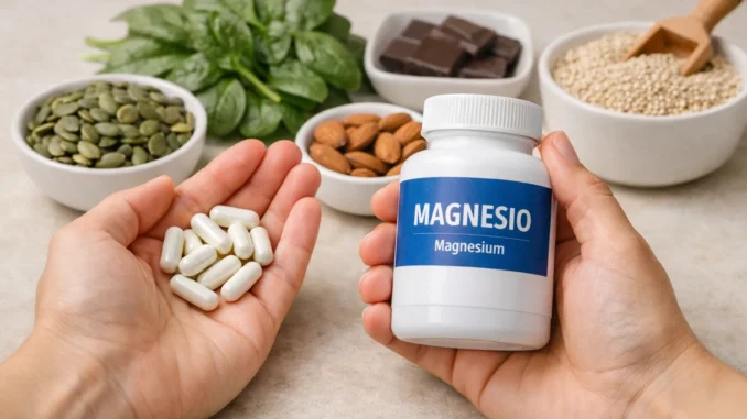 magnesio beneficios tipos deficiencia — frasco de magnesio, cápsulas y alimentos ricos en magnesio