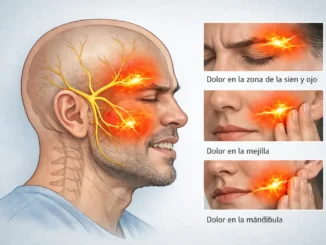 Ilustración del nervio trigémino y las tres ramas del nervio facial que causan la neuralgia del trigémino