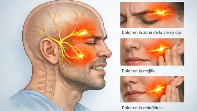Ilustración del nervio trigémino y las tres ramas del nervio facial que causan la neuralgia del trigémino