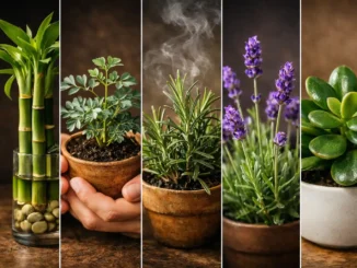 plantas buena energía hogar feng shui — bambú, ruda, romero, lavanda y jade en collage